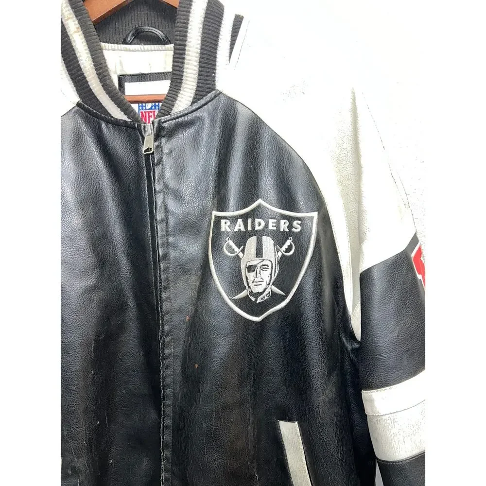 NFL Oakland Raiders Leather Jacket Football Black Silver Outerwear Stained Large